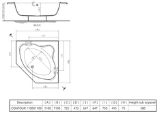 GA961 - بانيو كونتور 110×110 أبيض ايديال ستاندرد